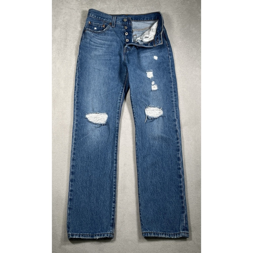 Levi's 501 Women W26 L30 Premium Distressed Button Fly Straight Leg Blue Jeans